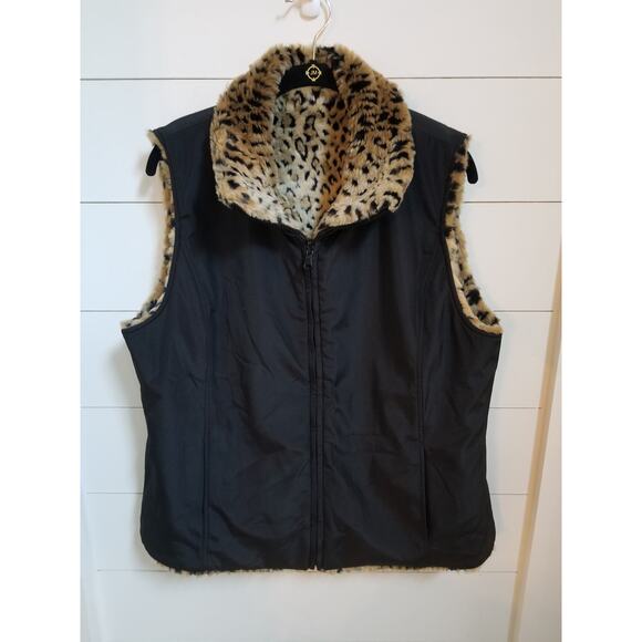 Kristen Blake Leopard Print Faux Fur Reversible Black Women's Zip Vest L - Picture 3 of 6